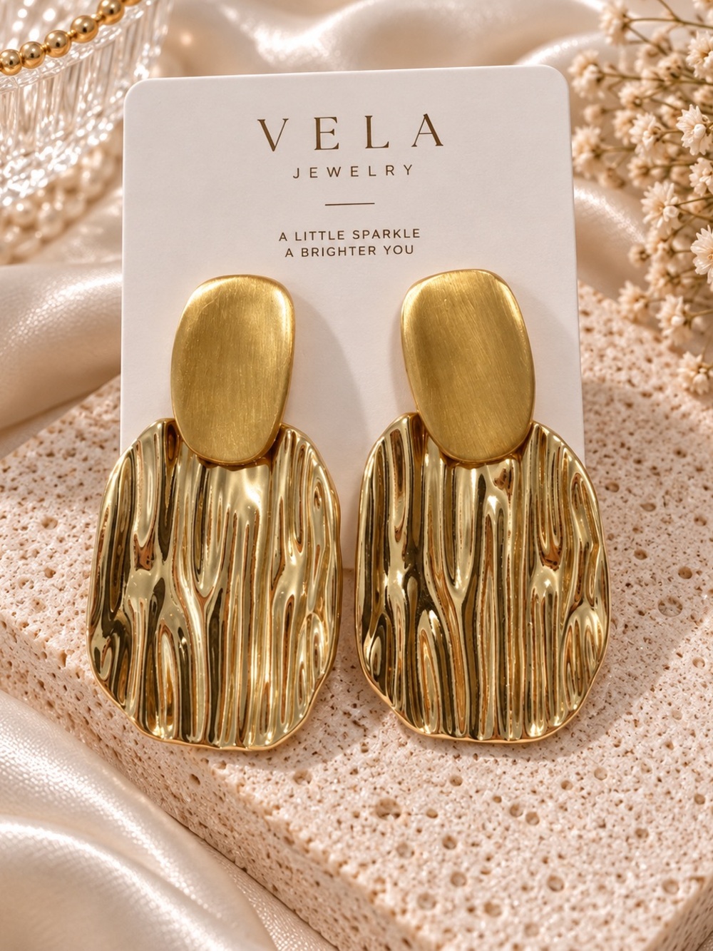 Gold Textured Drop Earrings - Sculpted Metallic Statement